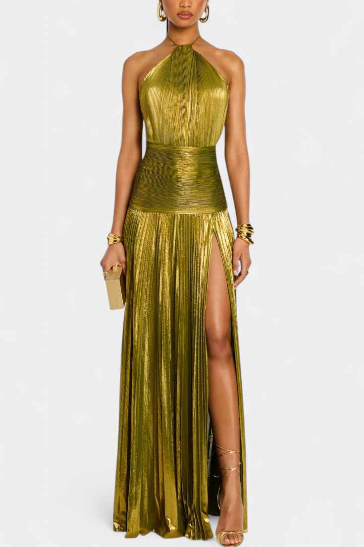 Vestido Largo Plisado de Fiesta con Abertura para Mujer