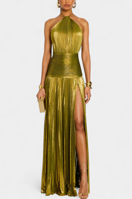 Vestido Largo Plisado de Fiesta con Abertura para Mujer