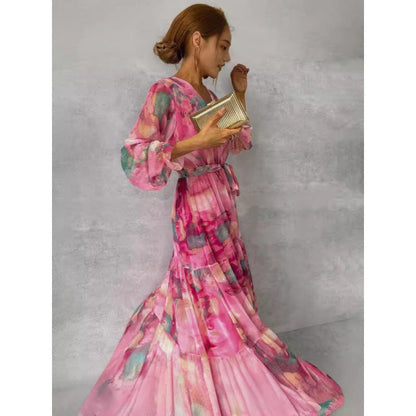Vestido Largo Floral de Manga Larga para Mujer